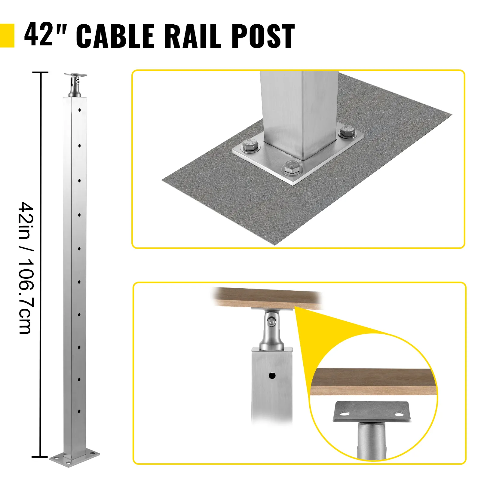 VEVOR cable railing post, 42in height, metal base plate, and attachment detail.