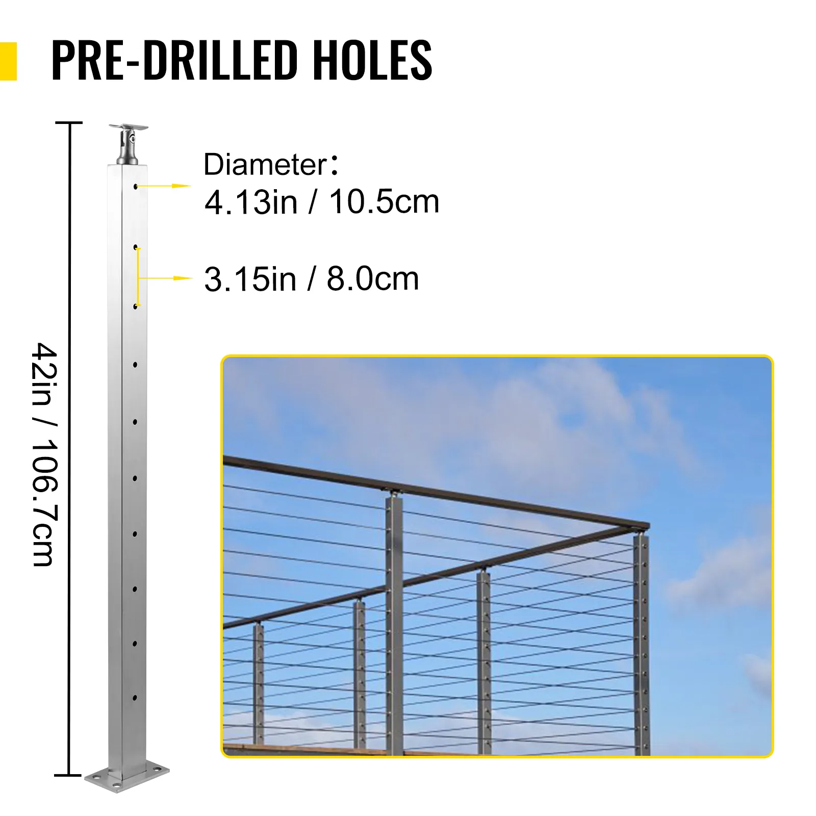 VEVOR cable railing post, 42in high, pre-drilled holes, dimensions: 4.13in and 3.15in.