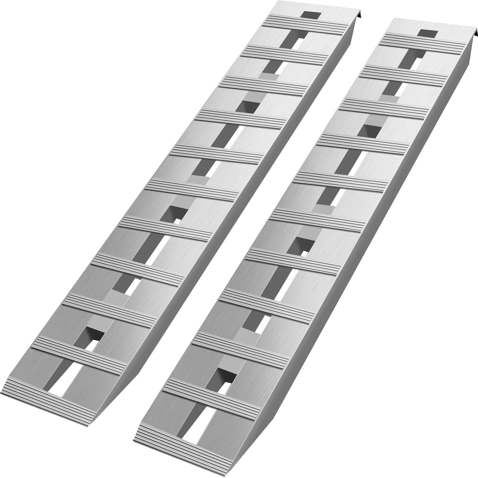 silver VEVOR aluminum trailer ramps featuring multiple grip slots and a ridged surface.