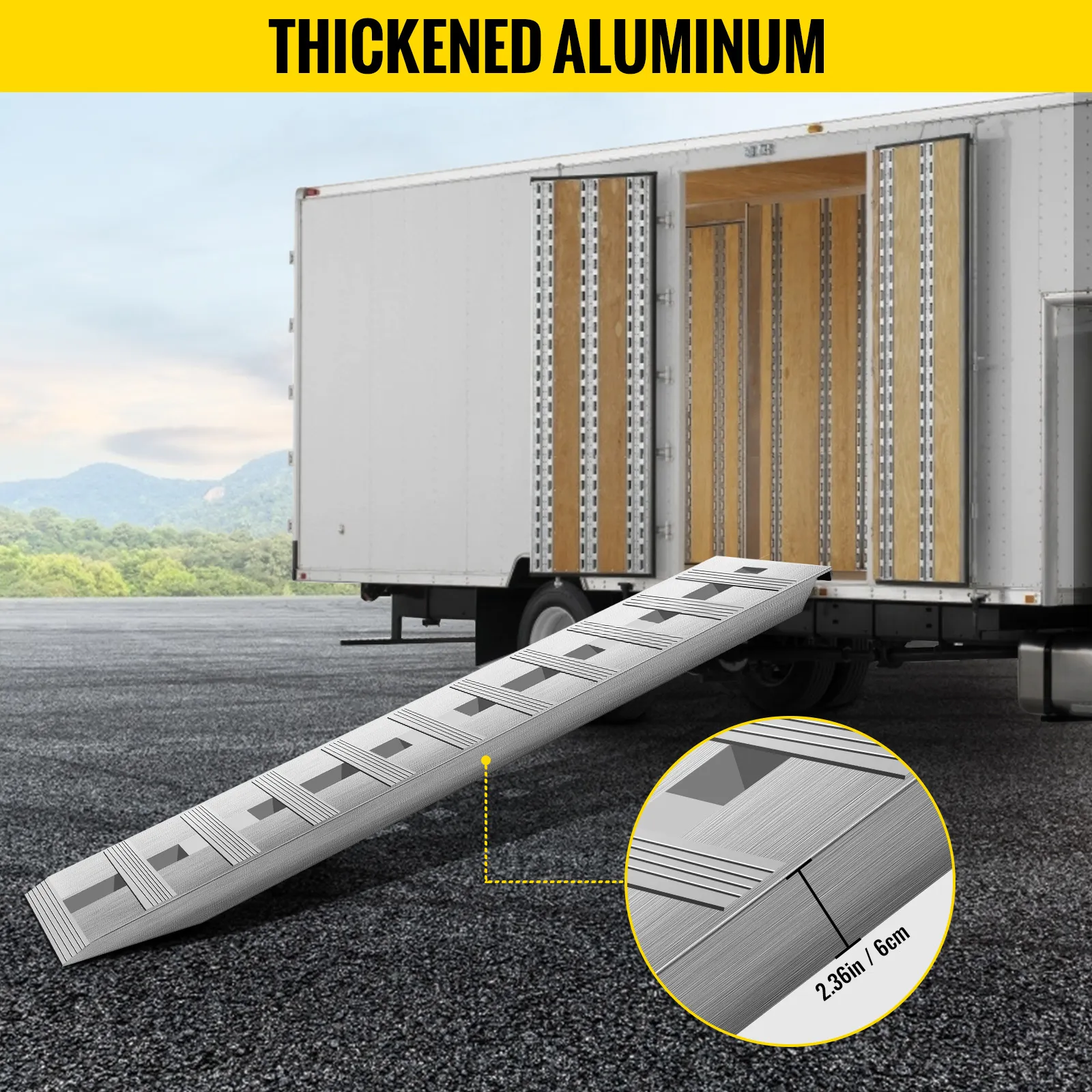 VEVOR aluminum trailer ramps for unloading trailer, showcasing thickness and durability.