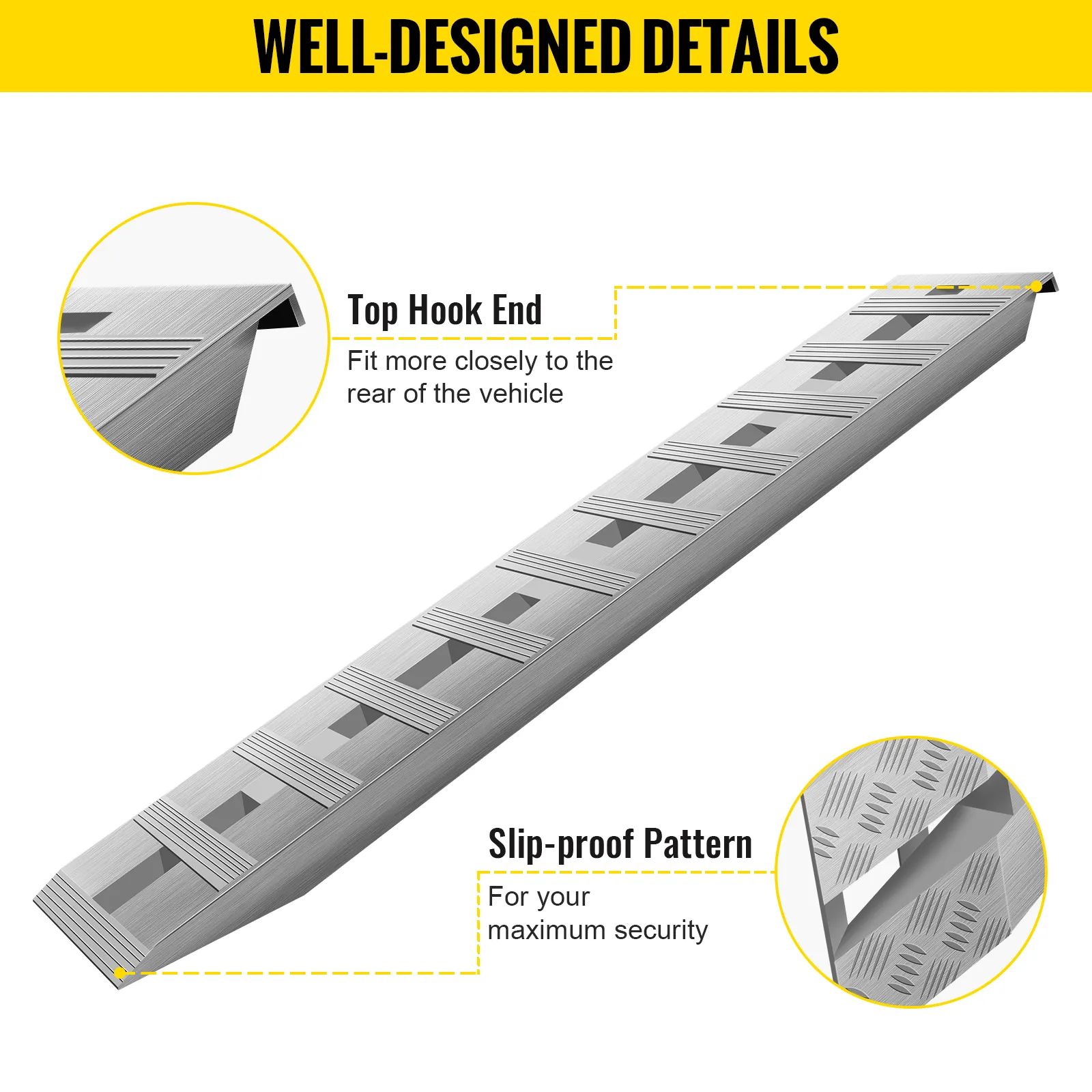 VEVOR aluminum trailer ramps with top hook end and slip-proof pattern for secure loading.