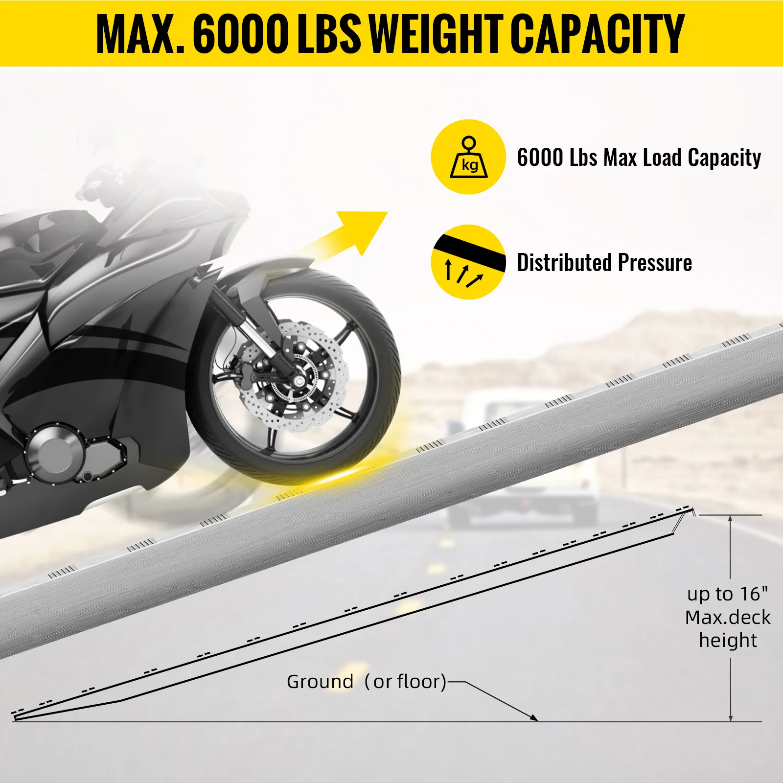 motorcycle on VEVOR aluminum trailer ramps, 6,000 lbs capacity, distributed pressure.