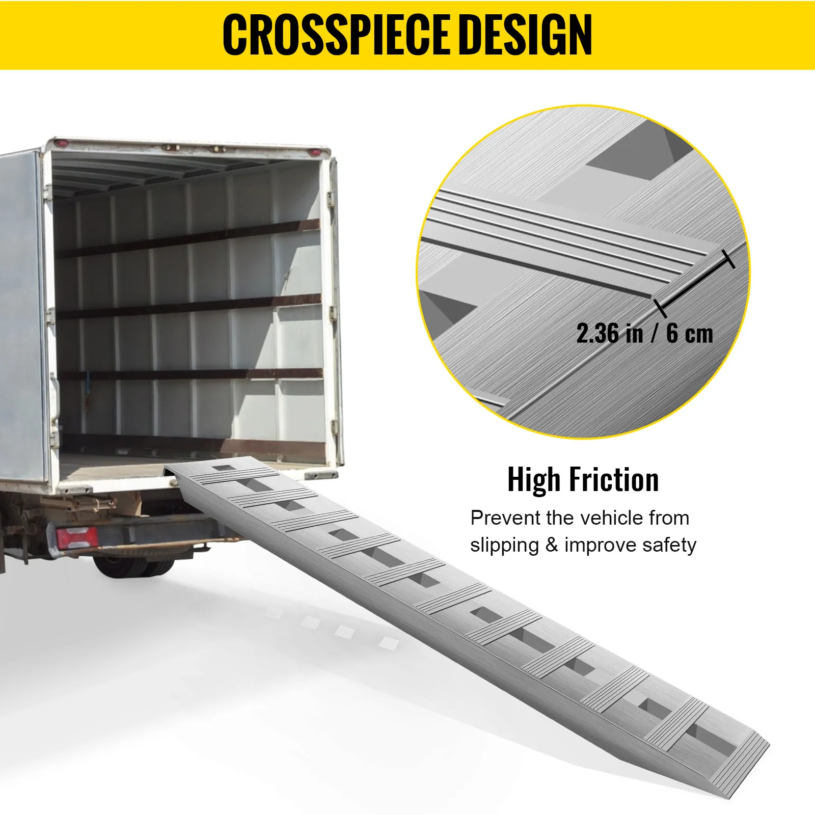 VEVOR aluminum trailer ramps with crosspiece design ensure high friction and vehicle safety.