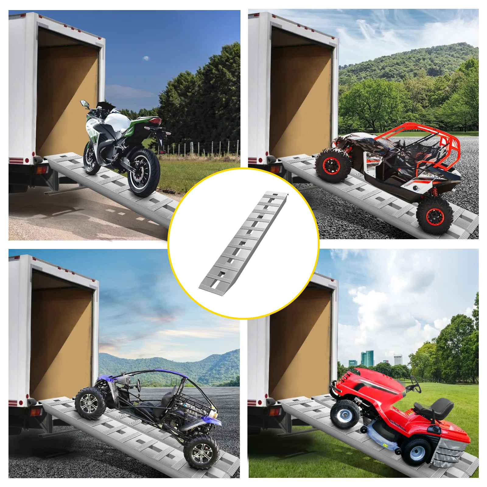 VEVOR aluminum trailer ramps loading motorcycle, atv, utility vehicle, and lawnmower.