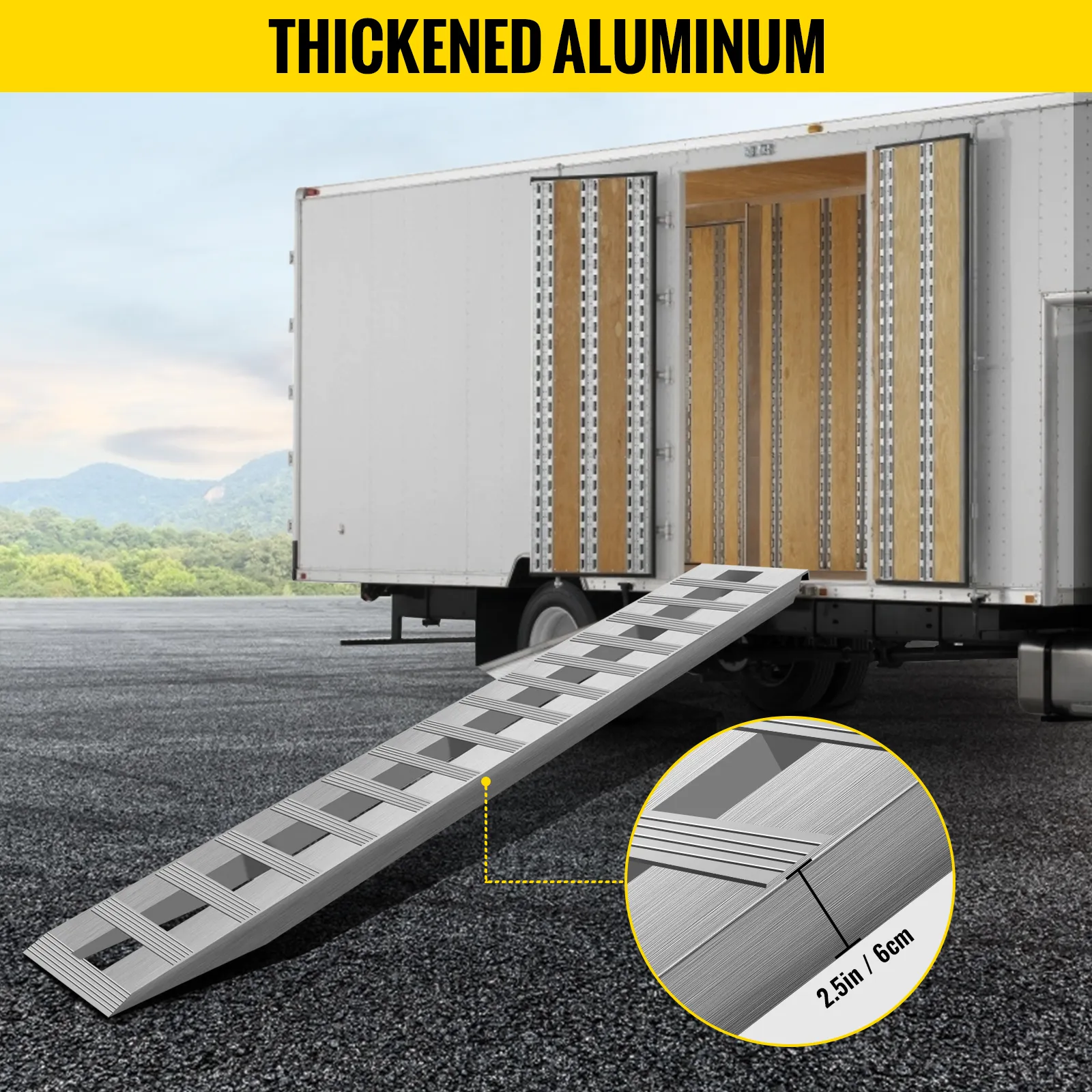VEVOR aluminum ramps loading into truck with text "thickened aluminum" at the top.