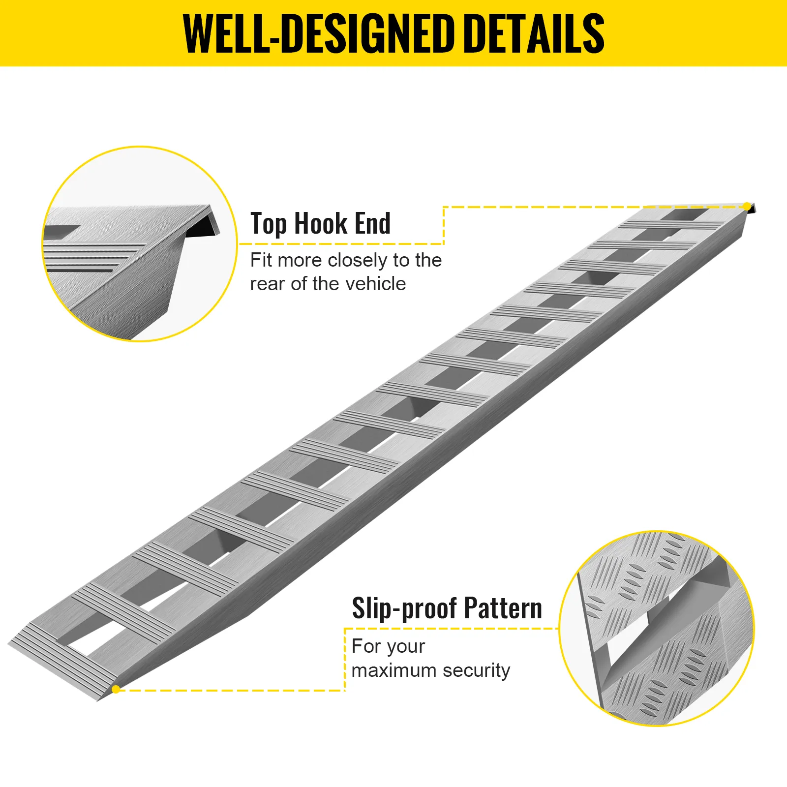 VEVOR aluminum ramps featuring top hook end and slip-proof pattern for secure loading.
