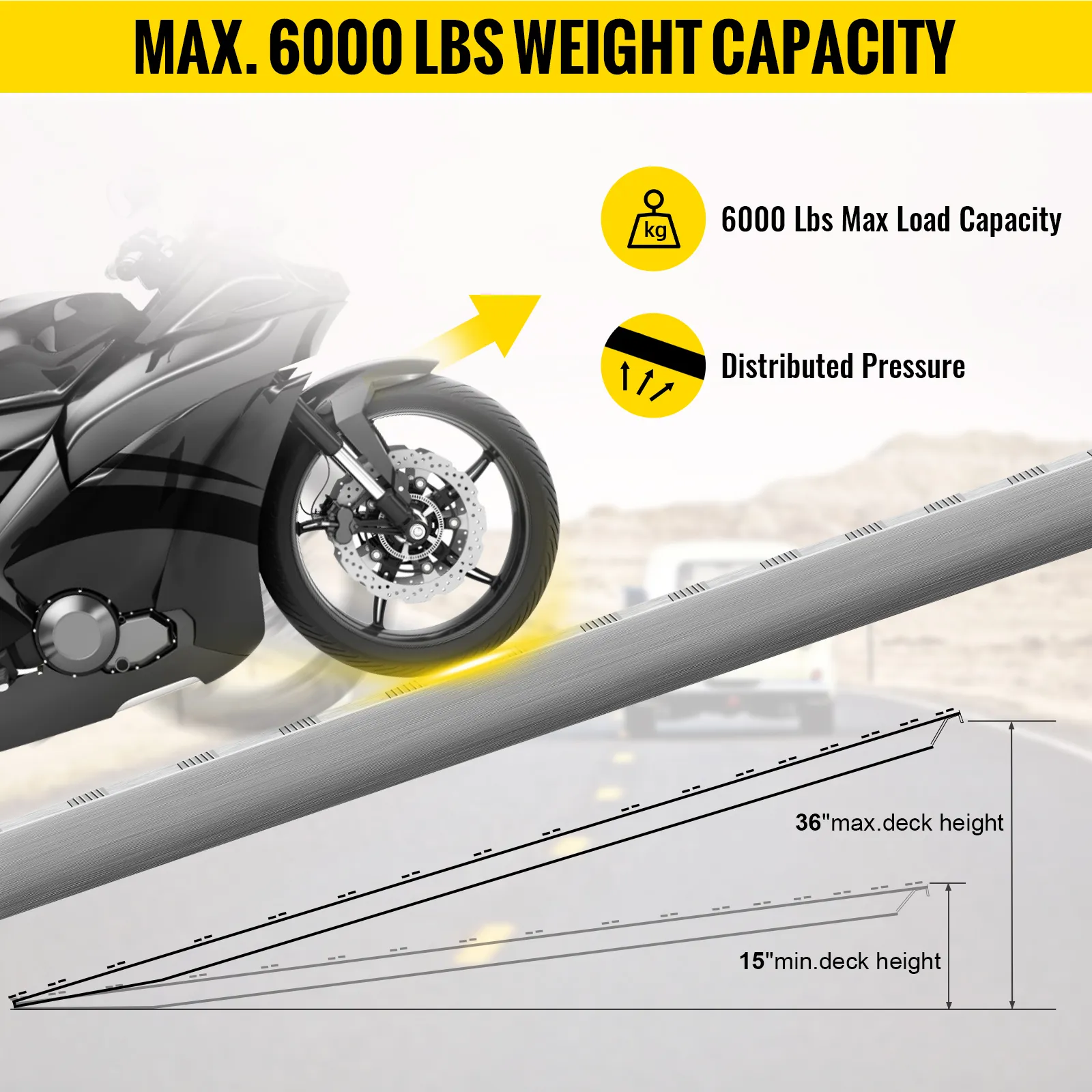 VEVOR aluminum ramps support max 6000 lbs load, show distributed pressure with motorcycle.