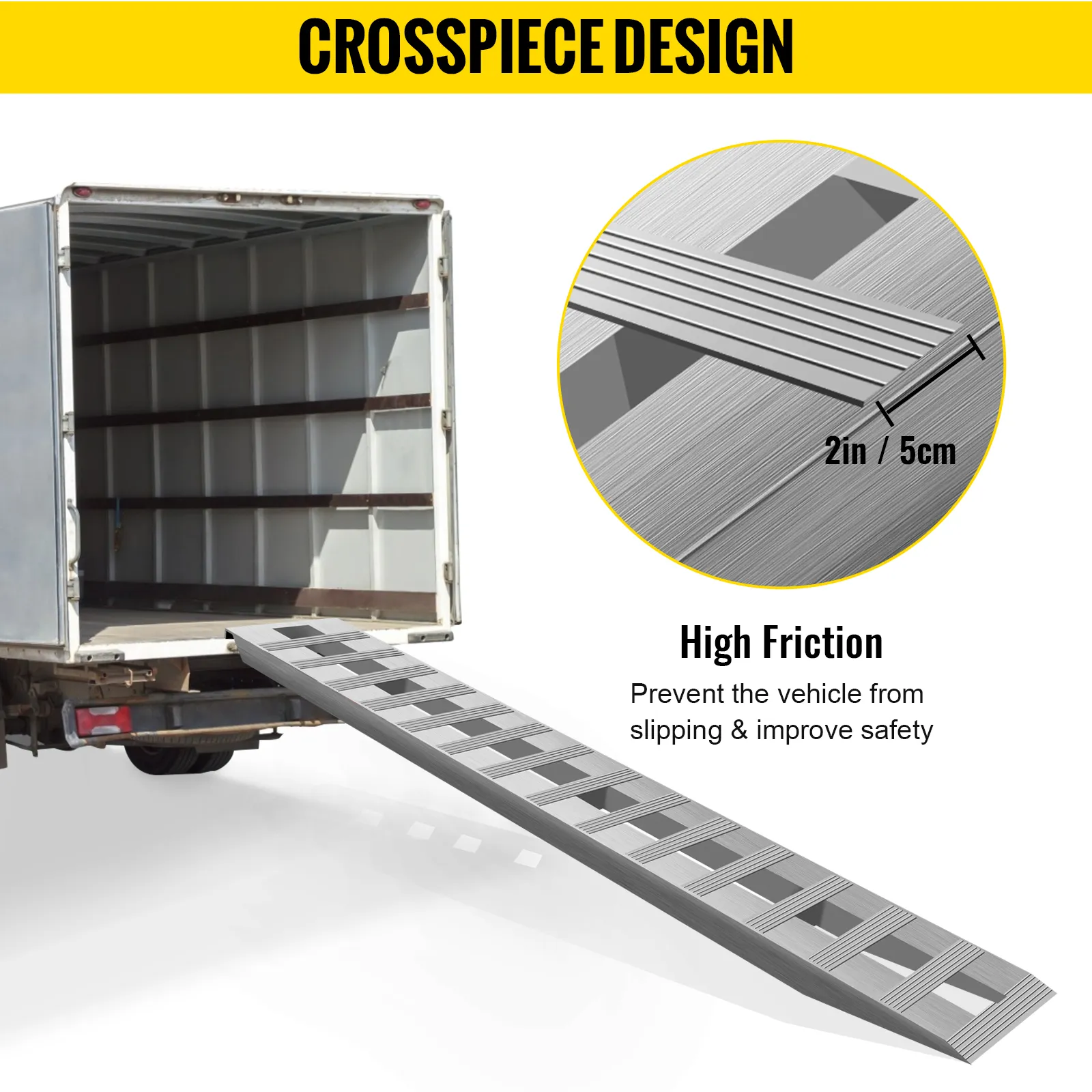 VEVOR aluminum ramps with high-friction crosspiece design for improved safety.