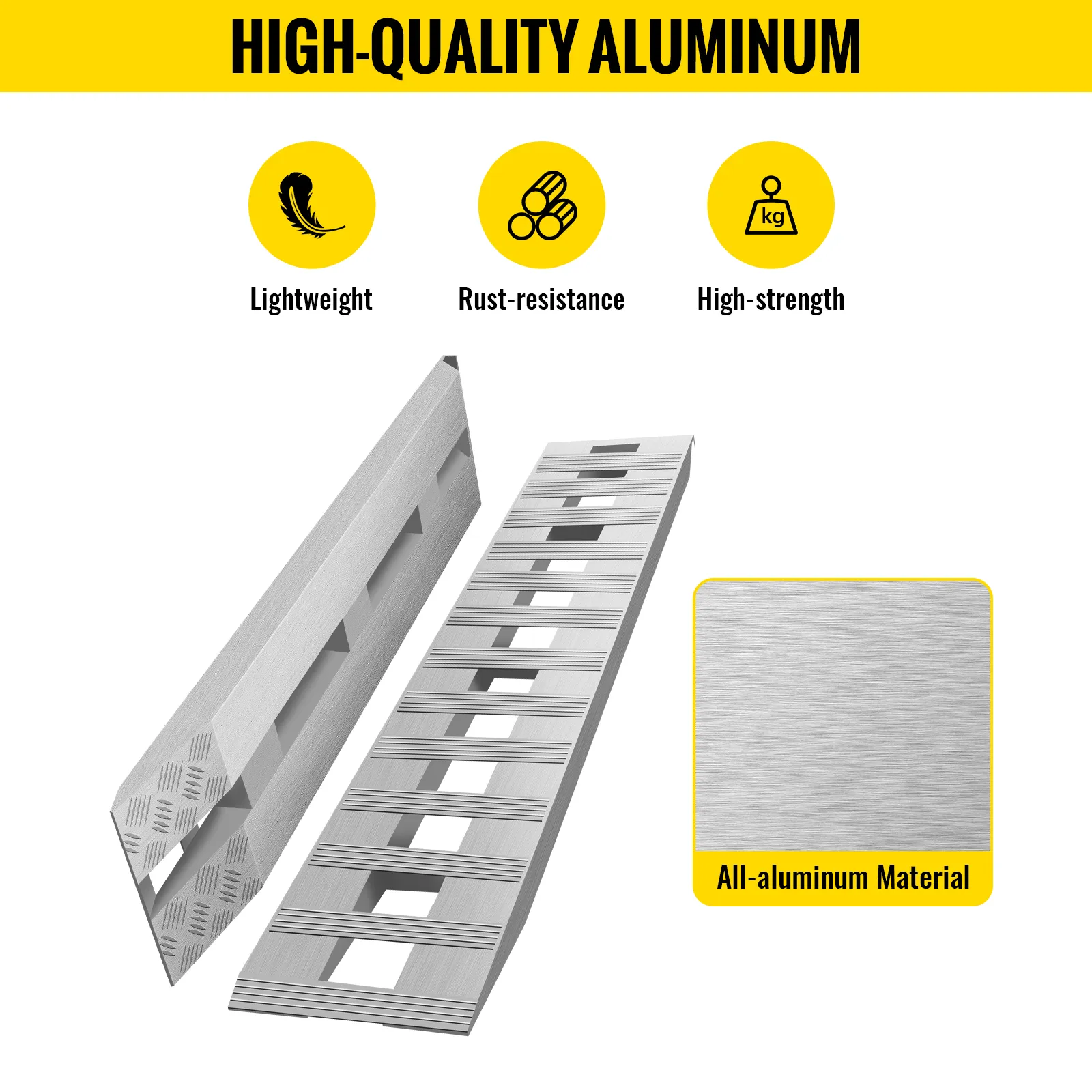 VEVOR aluminum ramps: high-quality, lightweight, rust-resistant, and high-strength.