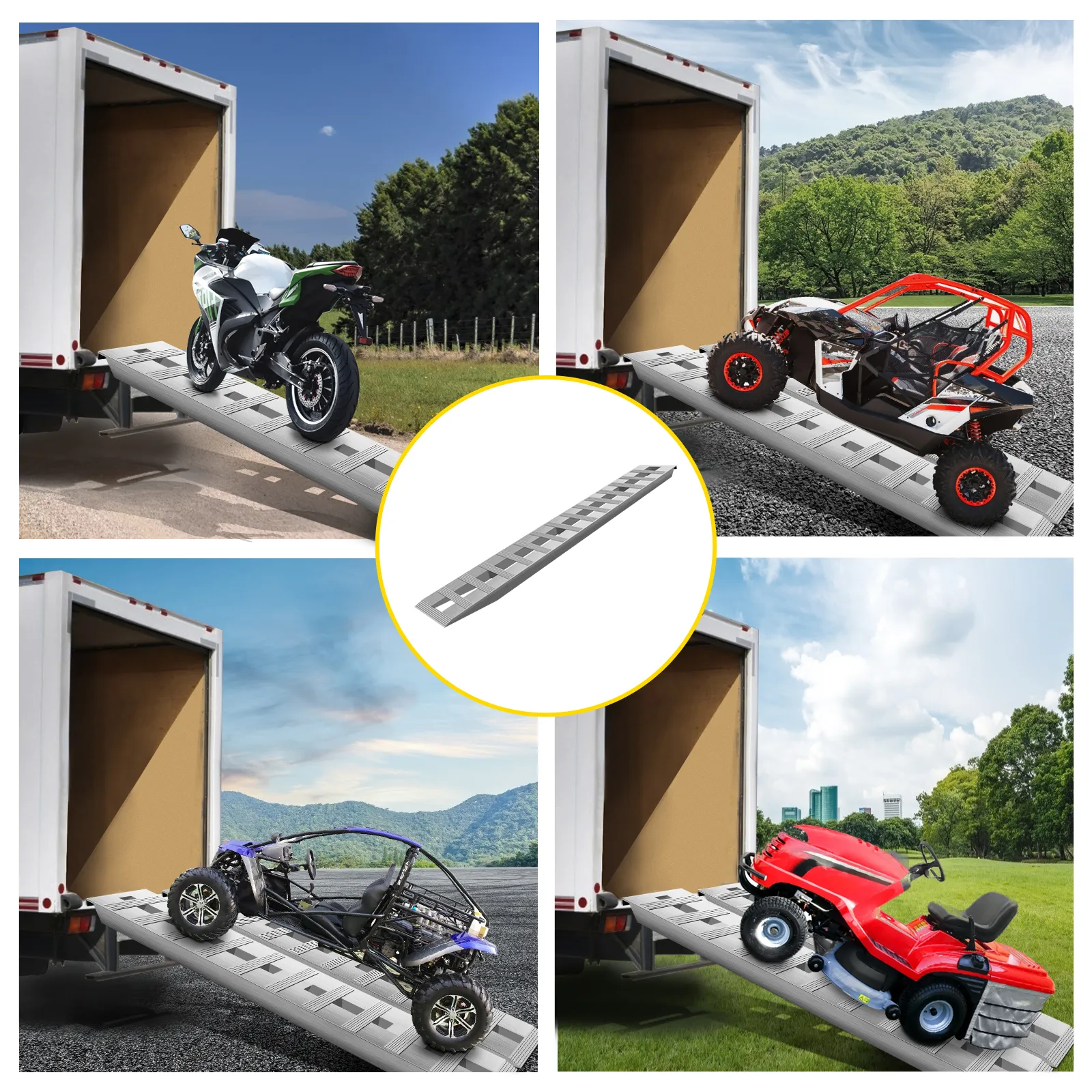 VEVOR aluminum ramps used for loading motorcycle, atv, go-kart, and lawnmower into a truck.