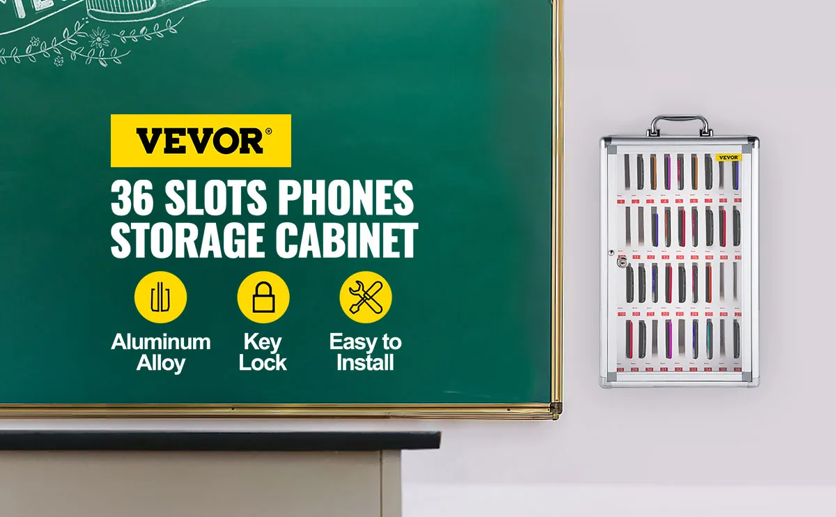 Mueble para teléfono móvil VEVOR con 36 ranuras, cerradura con llave y fácil instalación.