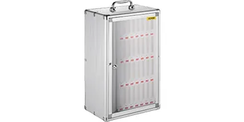 Mueble para móvil VEVOR con estructura de metal, puerta transparente y cerradura.