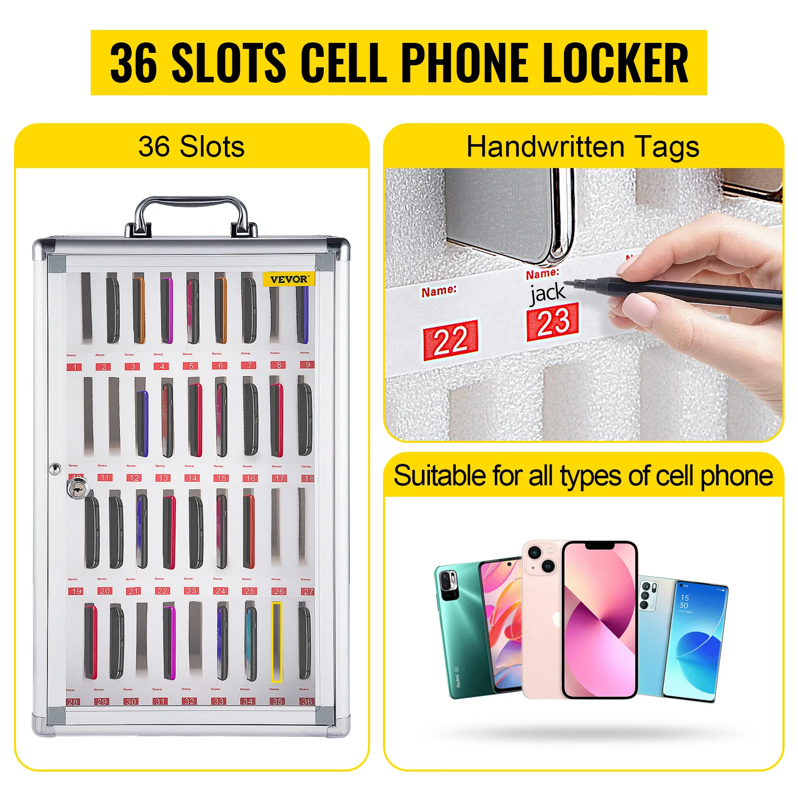 Mueble para teléfono móvil VEVOR con 36 ranuras, etiquetas escritas a mano y compatibilidad con teléfonos.