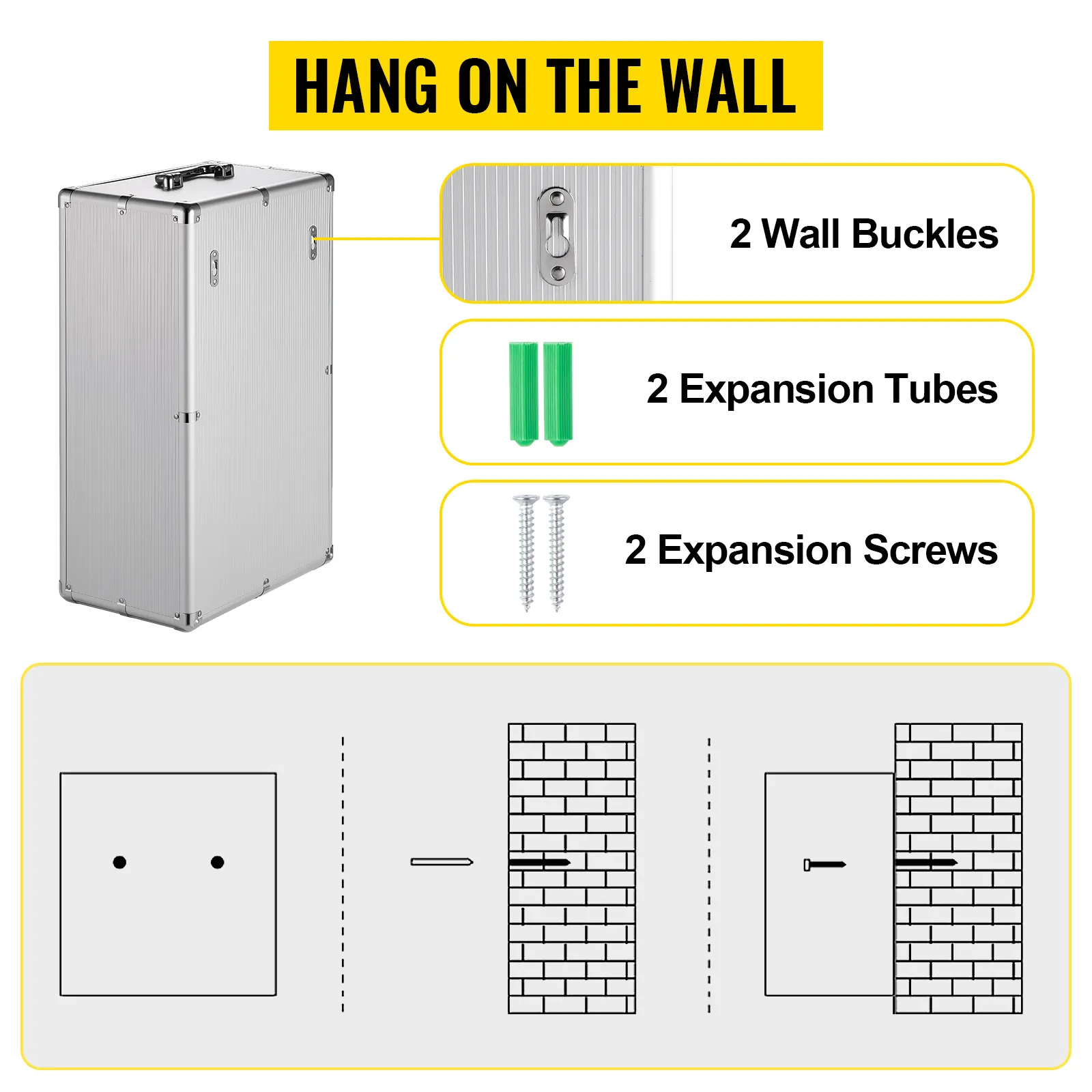 Gabinete para teléfono celular VEVOR con hebillas de pared, tubos de expansión, tornillos y guías de instalación.