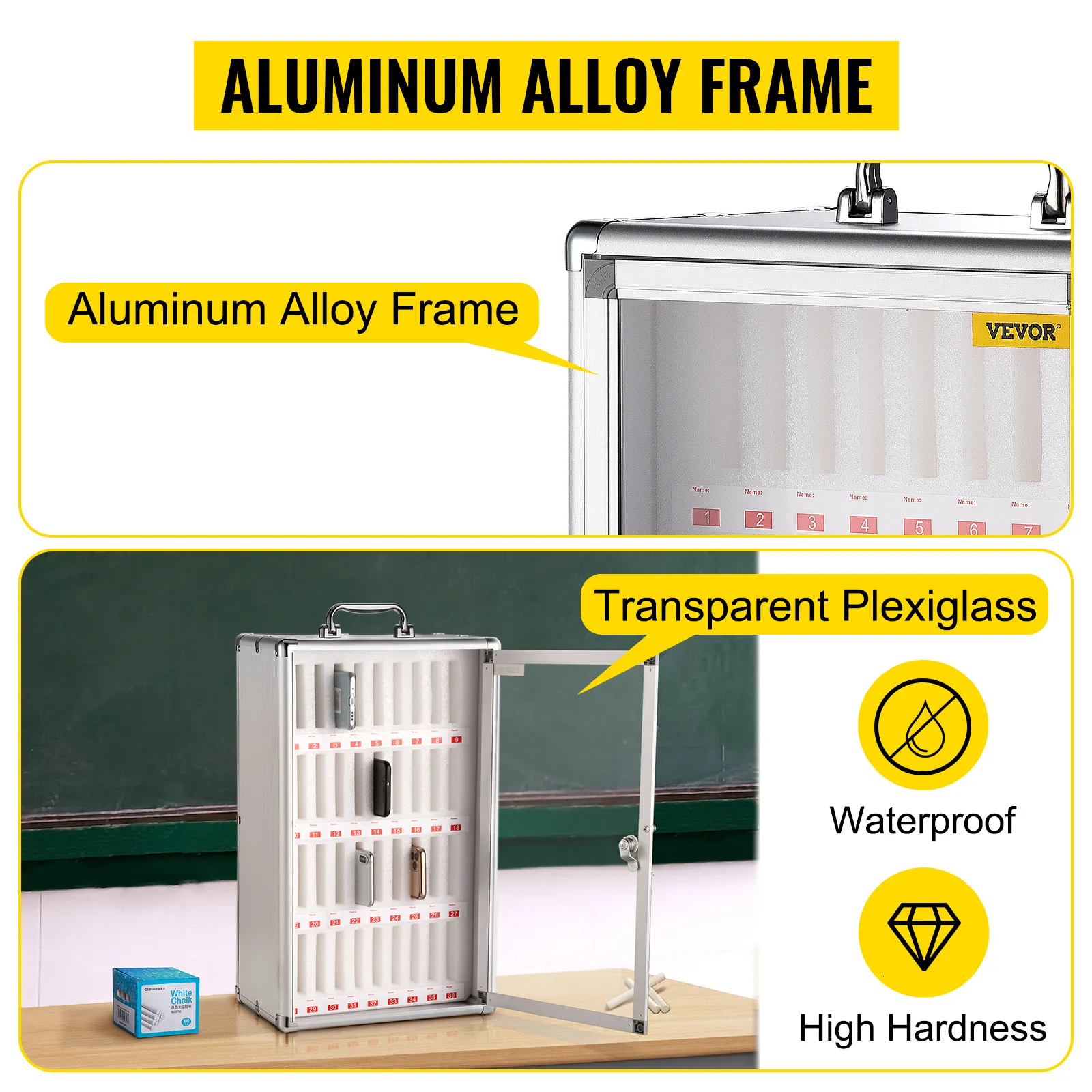 Mueble para teléfono móvil VEVOR con marco de aleación de aluminio y plexiglás transparente.