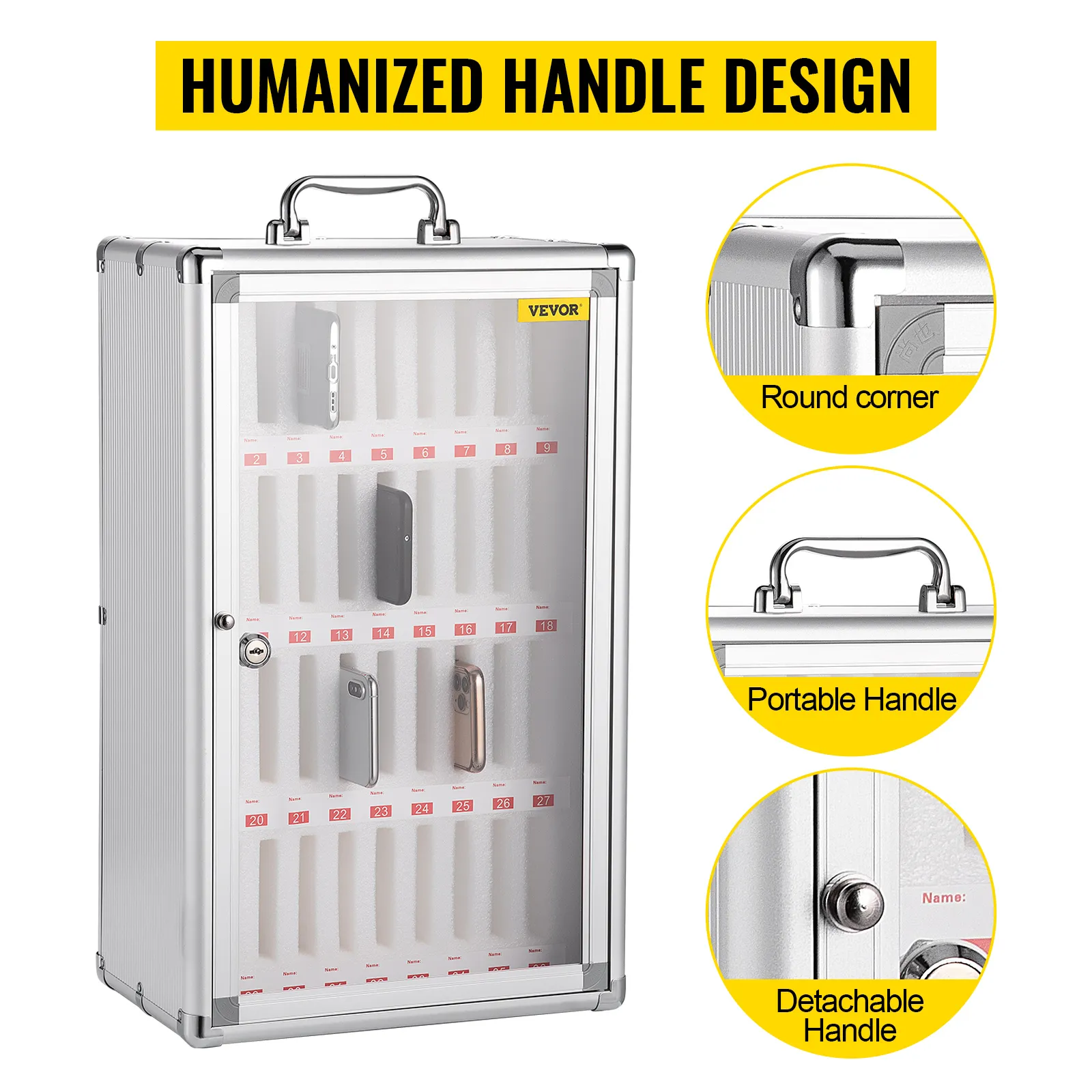 Gabinete para teléfono celular VEVOR con diseño de manija humanizada, esquinas redondeadas y manija portátil.