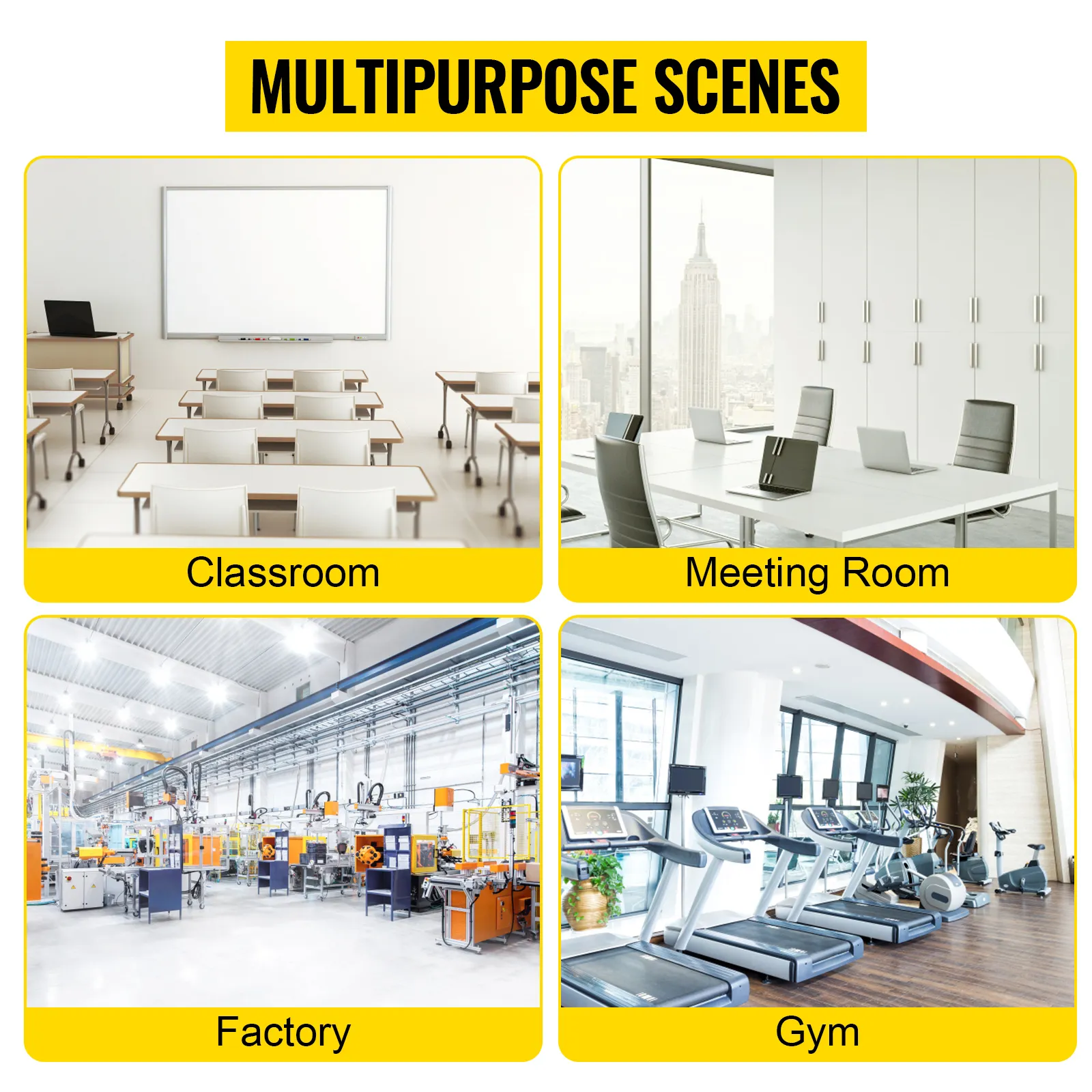 aula, sala de reuniones, fábrica y gimnasio con texto "escenas multiusos".