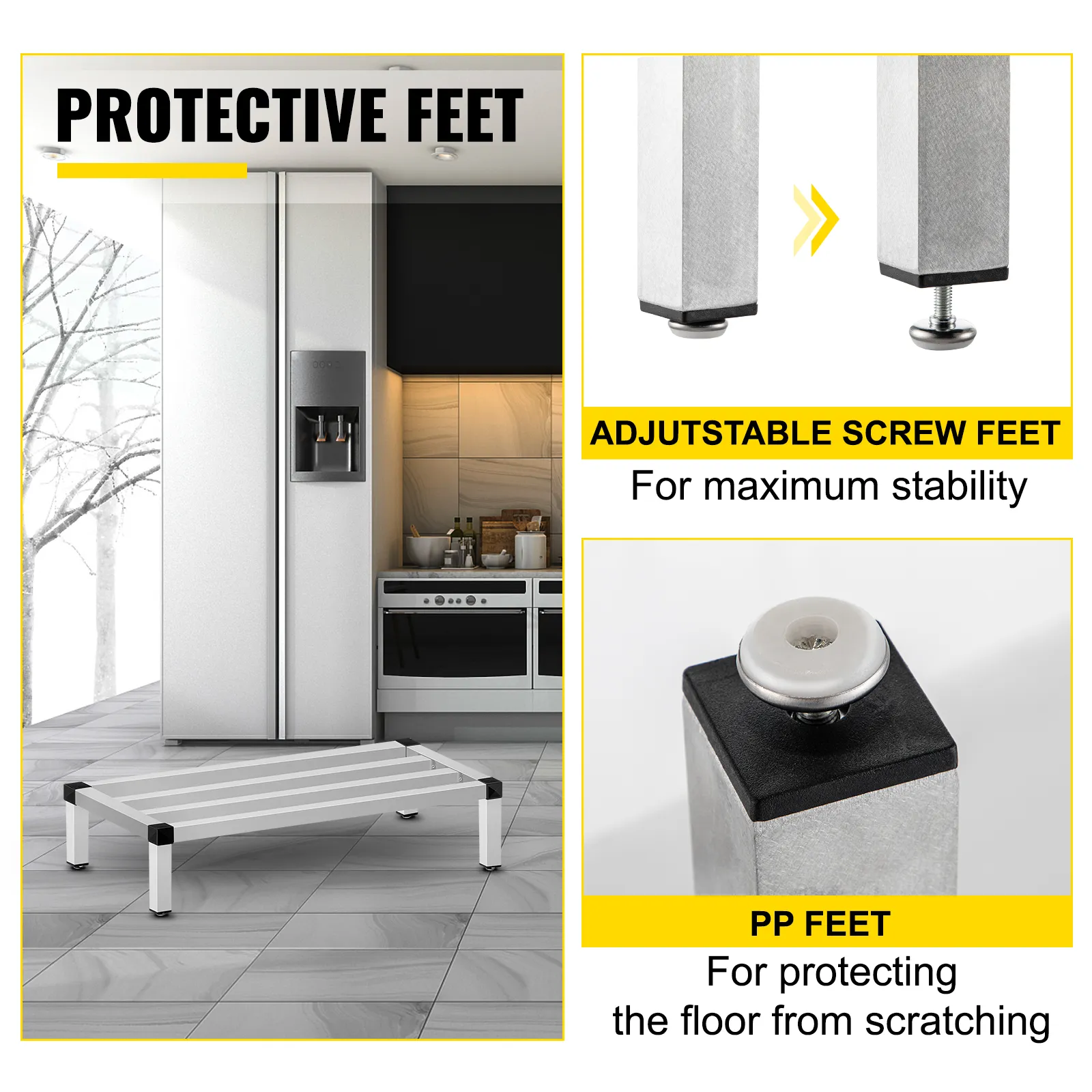 VEVOR aluminium steigerrek met verstelbare schroef en pp-voeten ter bescherming van de vloer.