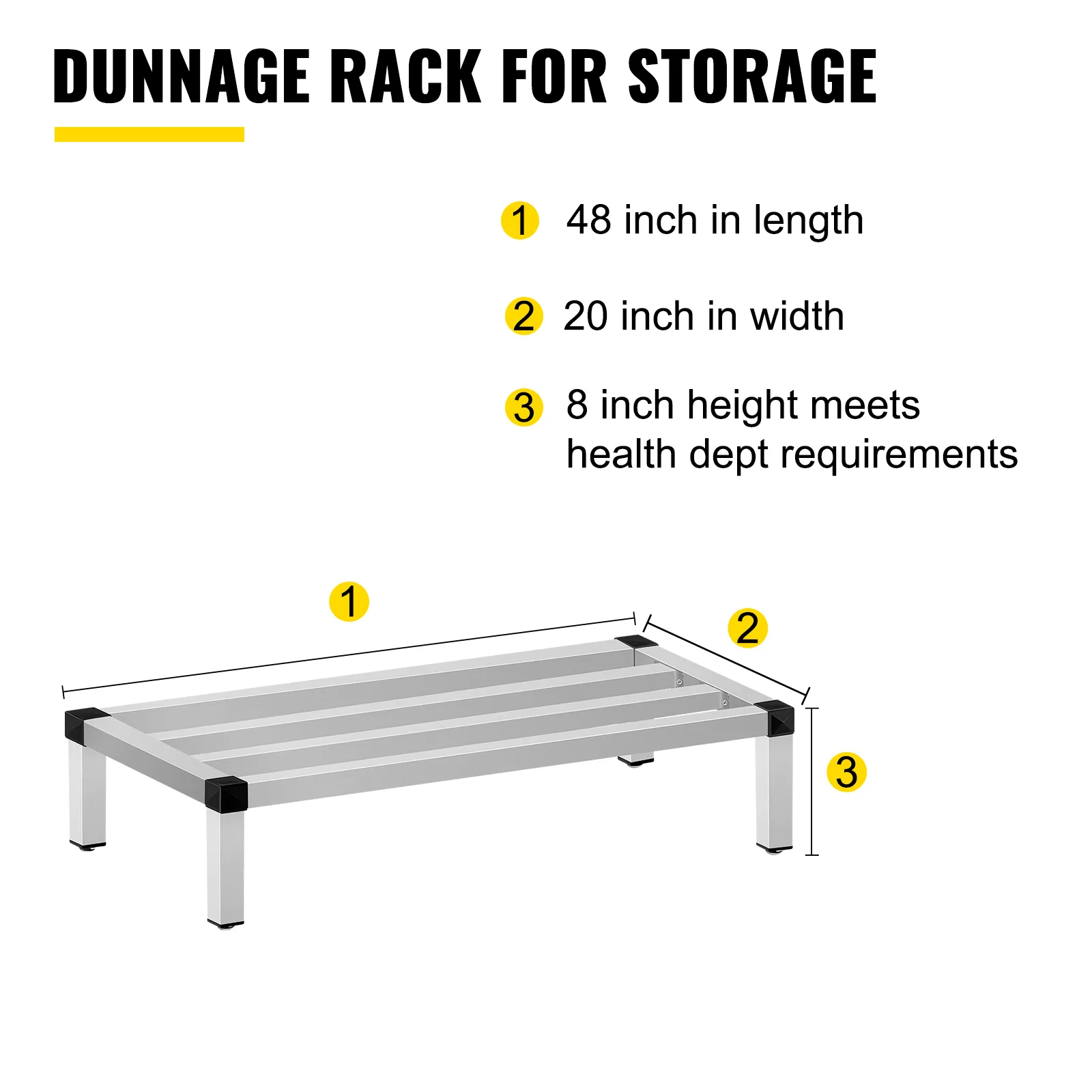 El estante de estiba de aluminio VEVOR tiene dimensiones de 48 x 20 x 8 pulgadas.