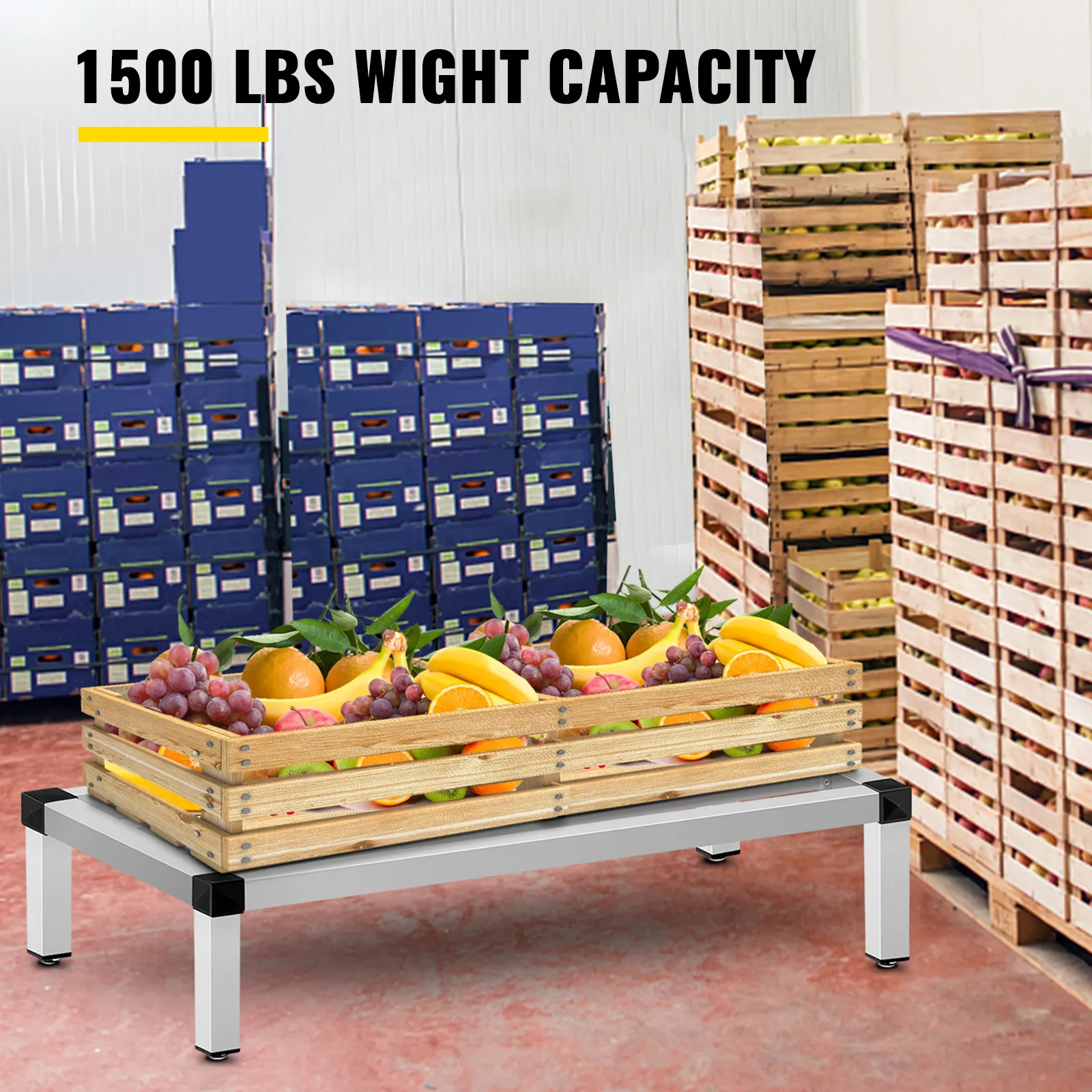 Estantería de estiba de aluminio VEVOR que sostiene cajas de fruta en un almacén. Capacidad de 1500 libras.
