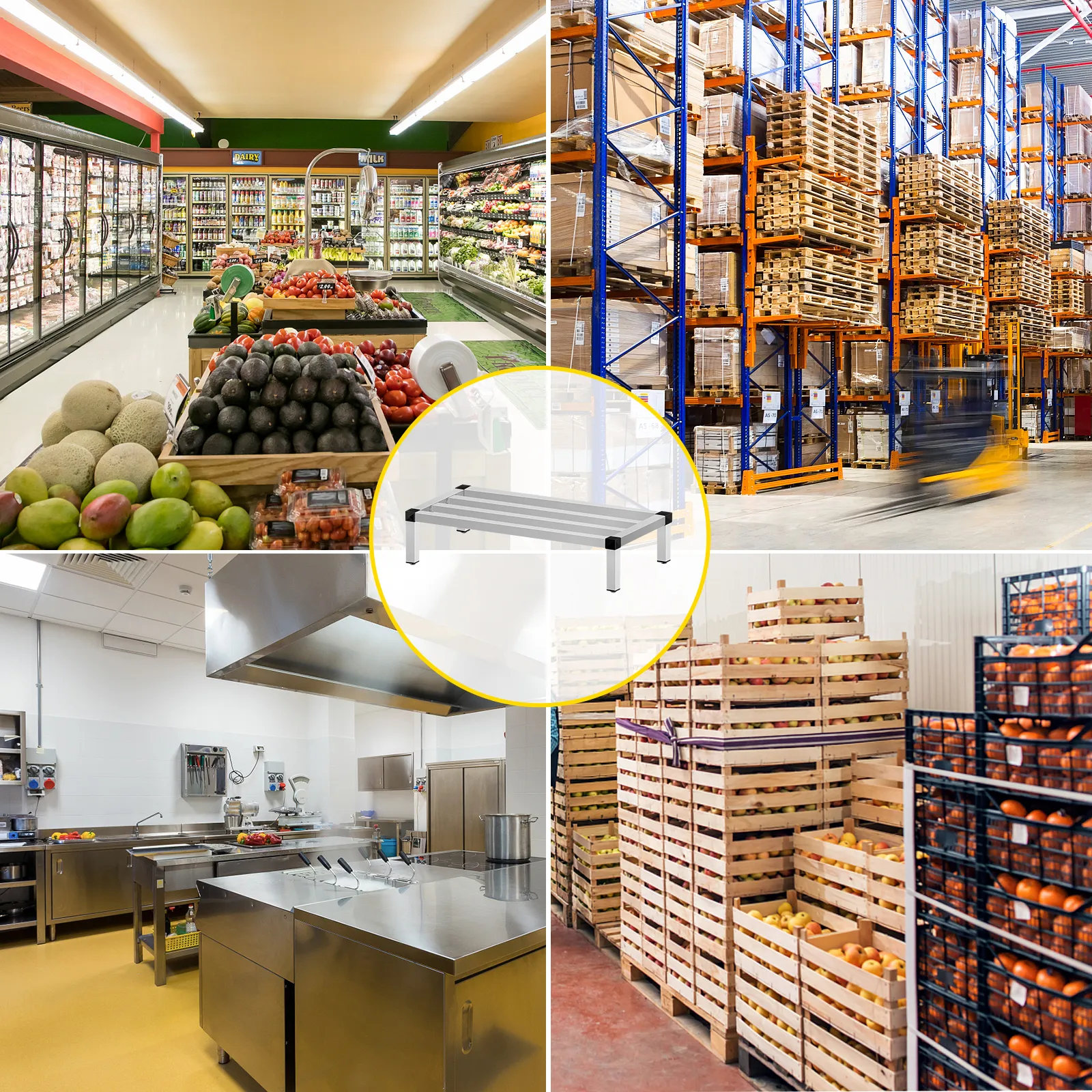 Usos comerciales del estante de estiba de aluminio VEVOR en diversos entornos.