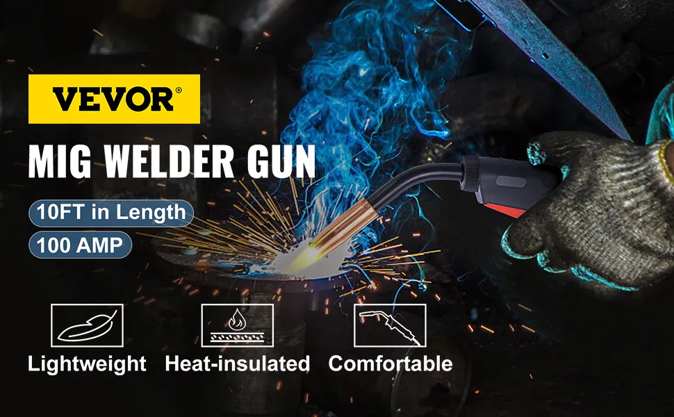 VEVOR mig welding gun with sparks, 10ft length, 100 amp, lightweight, heat-insulated.