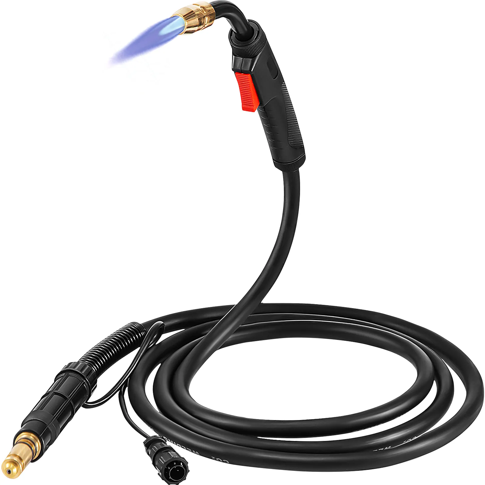 black VEVOR mig welding gun with long cable and activated blue flame.