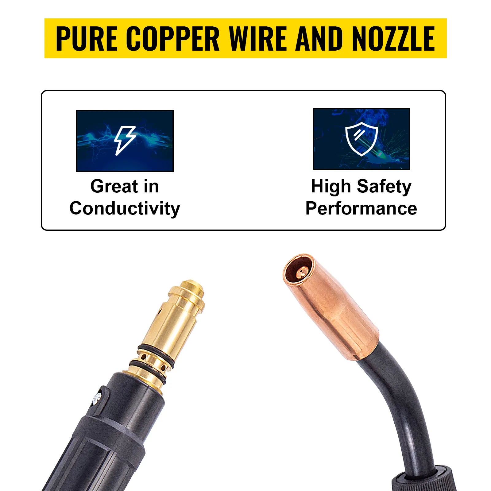 VEVOR mig welding gun showcasing pure copper wire and nozzle for safety and conductivity.