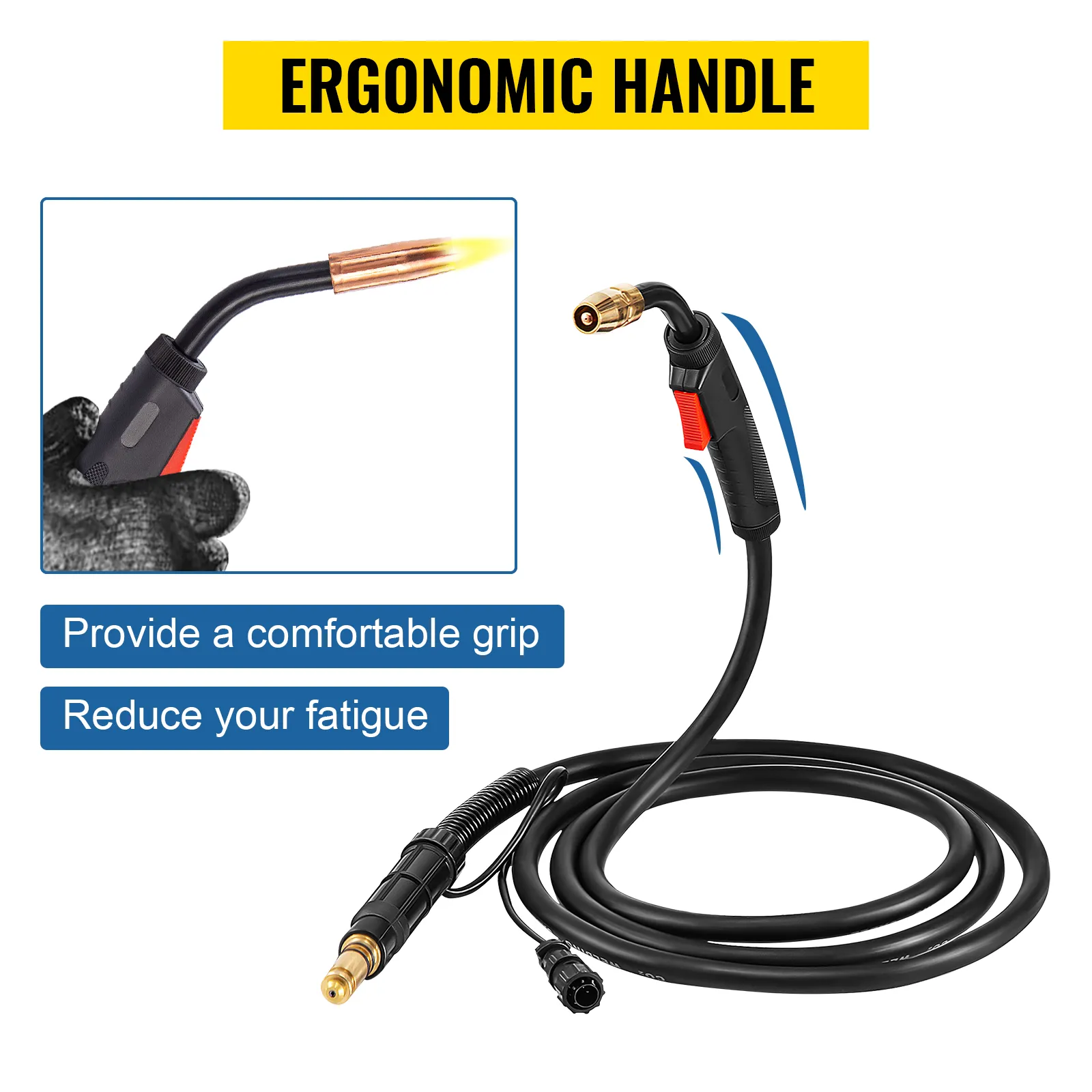 VEVOR mig welding gun with ergonomic handle for comfortable grip and reduced fatigue.