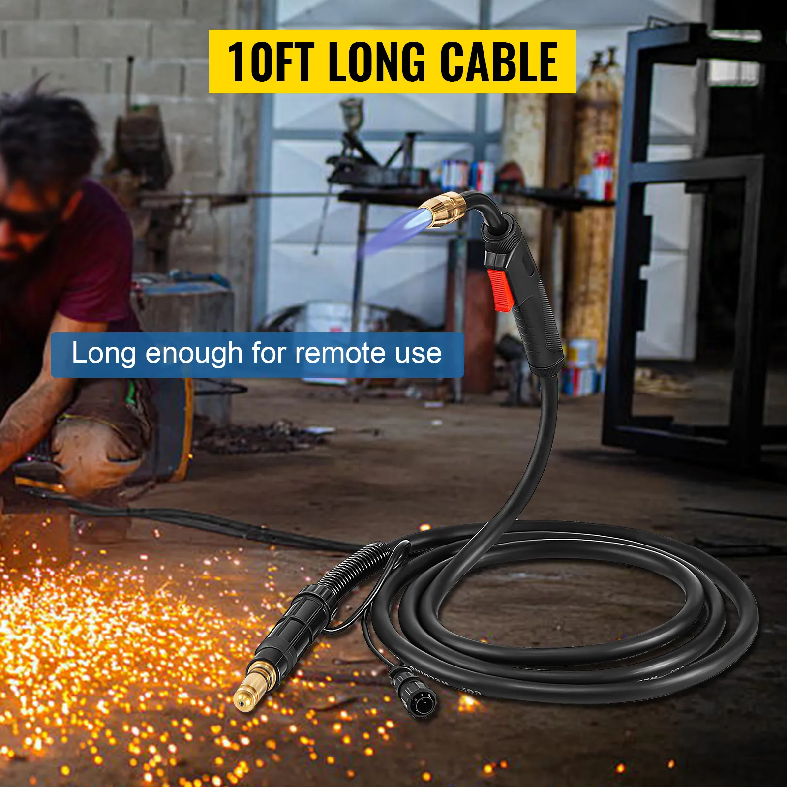 VEVOR mig welding gun with 10ft long cable for remote use in workshop.