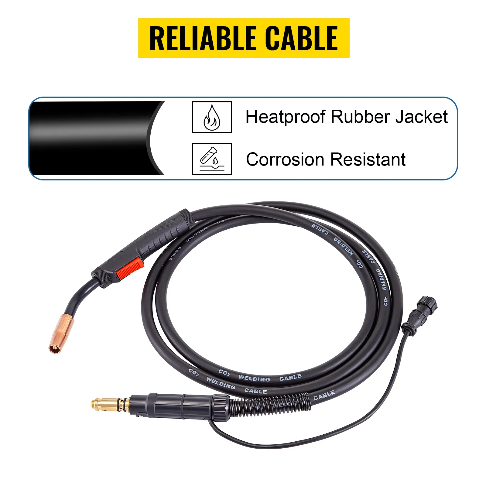 VEVOR mig welding gun with heatproof rubber jacket and corrosion resistant cable.