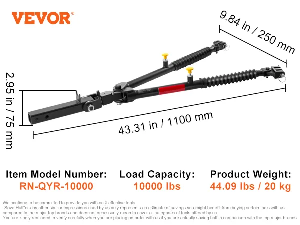 VEVOR tow bar, rn-qyr-10000, 10000 lbs load, alloy steel, telescopic rod, 2-inch connector, 44.09 lbs.
