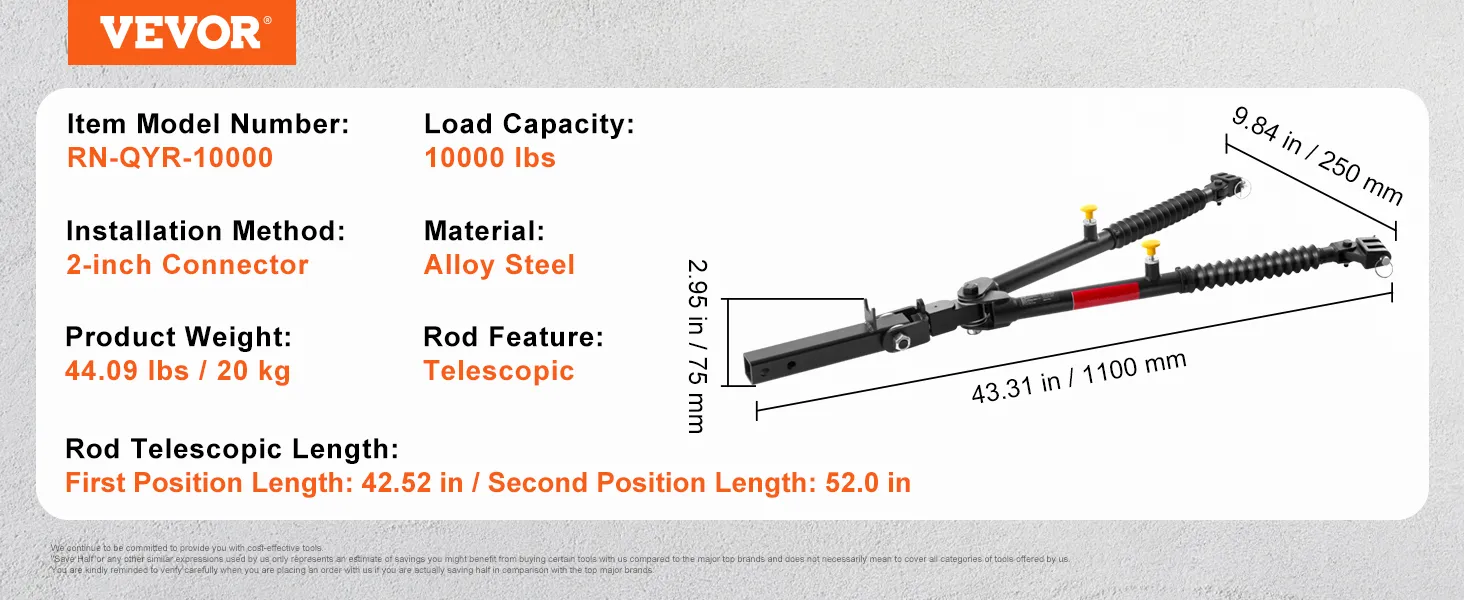 VEVOR tow bar, rn-qyr-10000, 10000 lbs load, alloy steel, telescopic rod, 2-inch connector, 44.09 lbs.