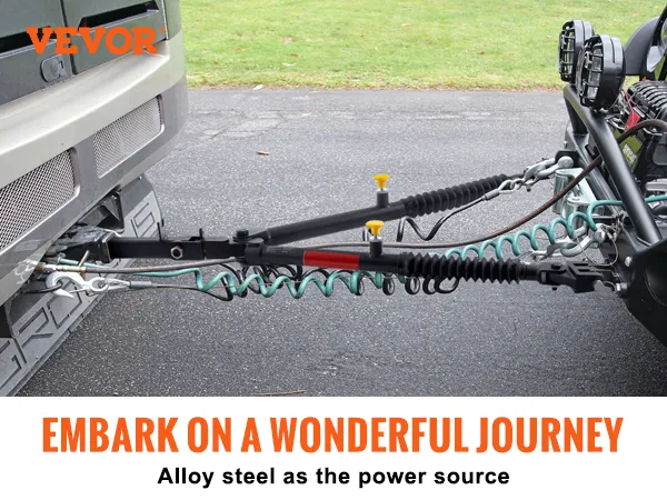 VEVOR tow bar connecting vehicles, highlighting 10000 lbs load capacity and readiness for large trailers.