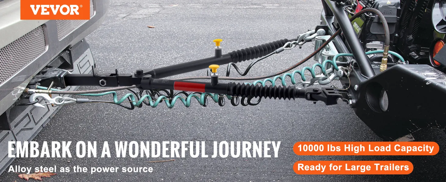 VEVOR tow bar connecting vehicles, highlighting 10000 lbs load capacity and readiness for large trailers.