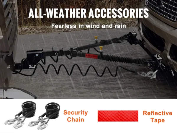 VEVOR tow bar in use during heavy rain, showcasing security chain and reflective tape for all-weather safety.