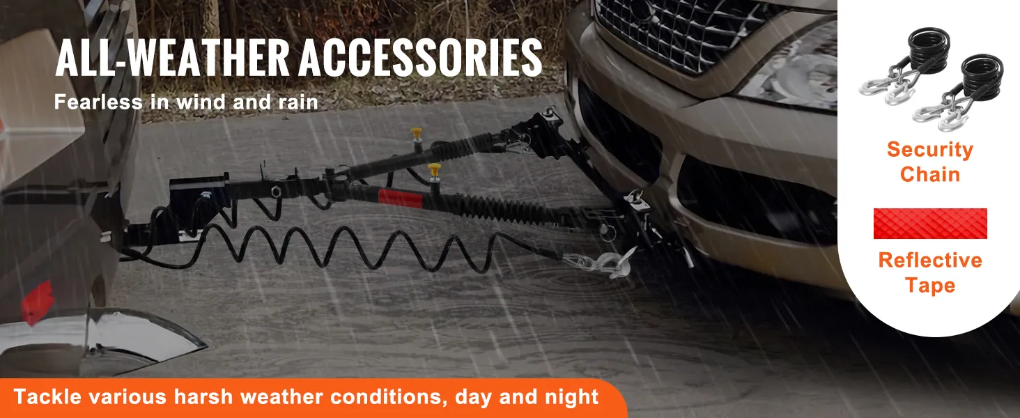 VEVOR tow bar in use during heavy rain, showcasing security chain and reflective tape for all-weather safety.