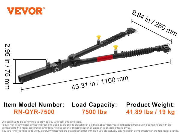VEVOR tow bar rn-qyr-7500, 7500 lbs capacity, alloy steel, telescopic rod, 2-inch connector.