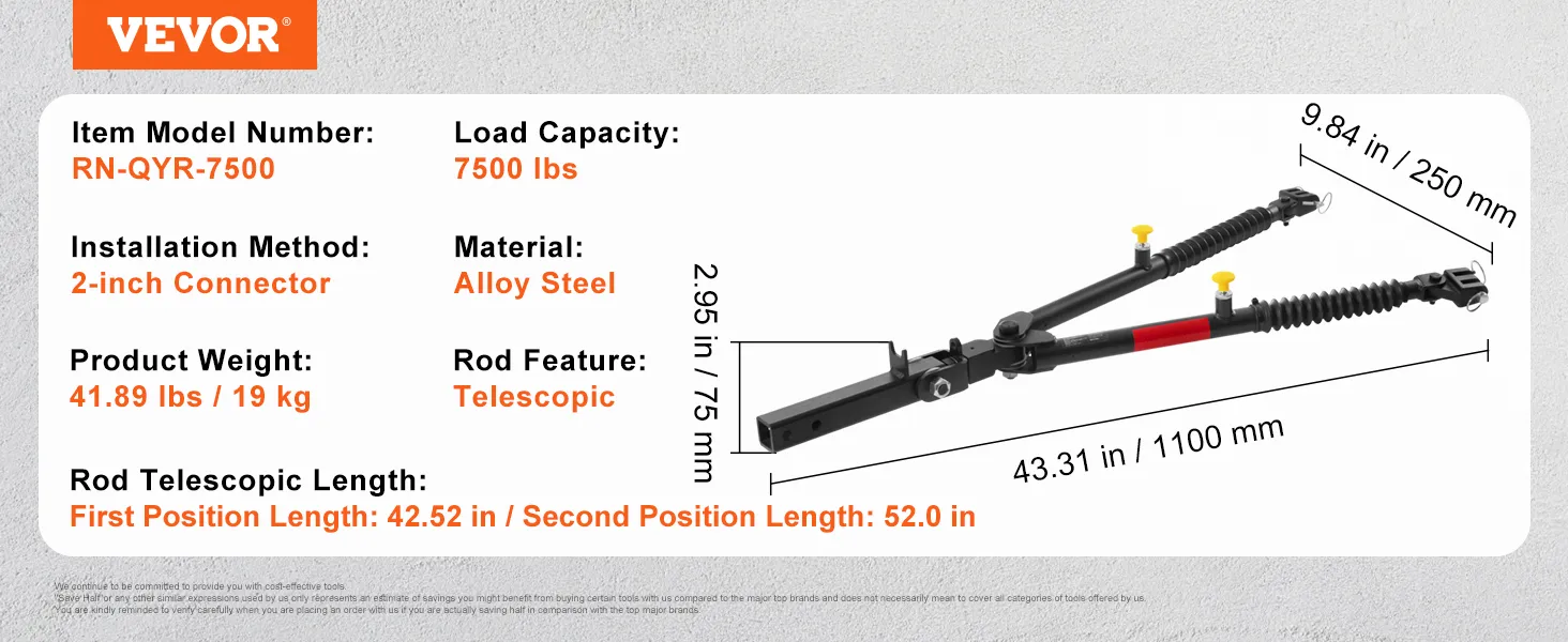 VEVOR tow bar rn-qyr-7500, 7500 lbs capacity, alloy steel, telescopic rod, 2-inch connector.