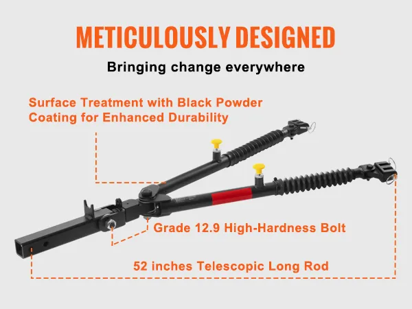 VEVOR tow bar with black powder coating, high-hardness bolts, and 52" telescopic long rod.