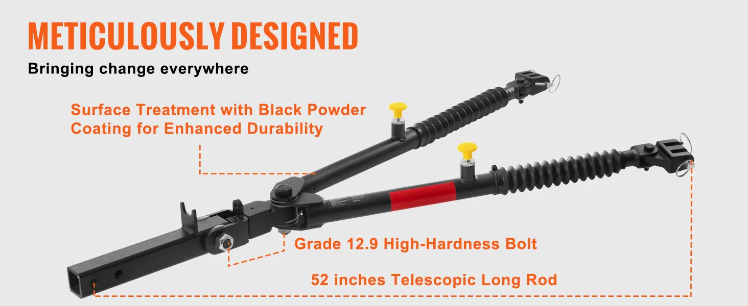 VEVOR tow bar with black powder coating, high-hardness bolts, and 52" telescopic long rod.