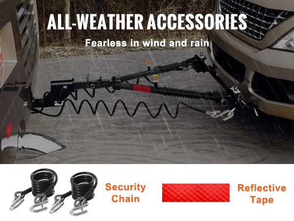 VEVOR tow bar in action during harsh weather, showcasing security chain and reflective tape.