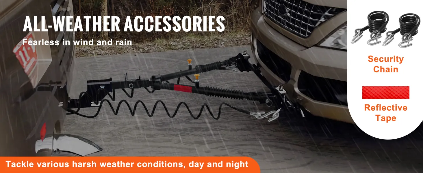 VEVOR tow bar in action during harsh weather, showcasing security chain and reflective tape.