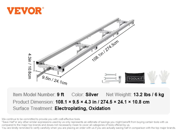 VEVOR rail mill guide system, 9 ft silver, dimensions 108.1" x 9.5" x 4.3", electroplating finish.