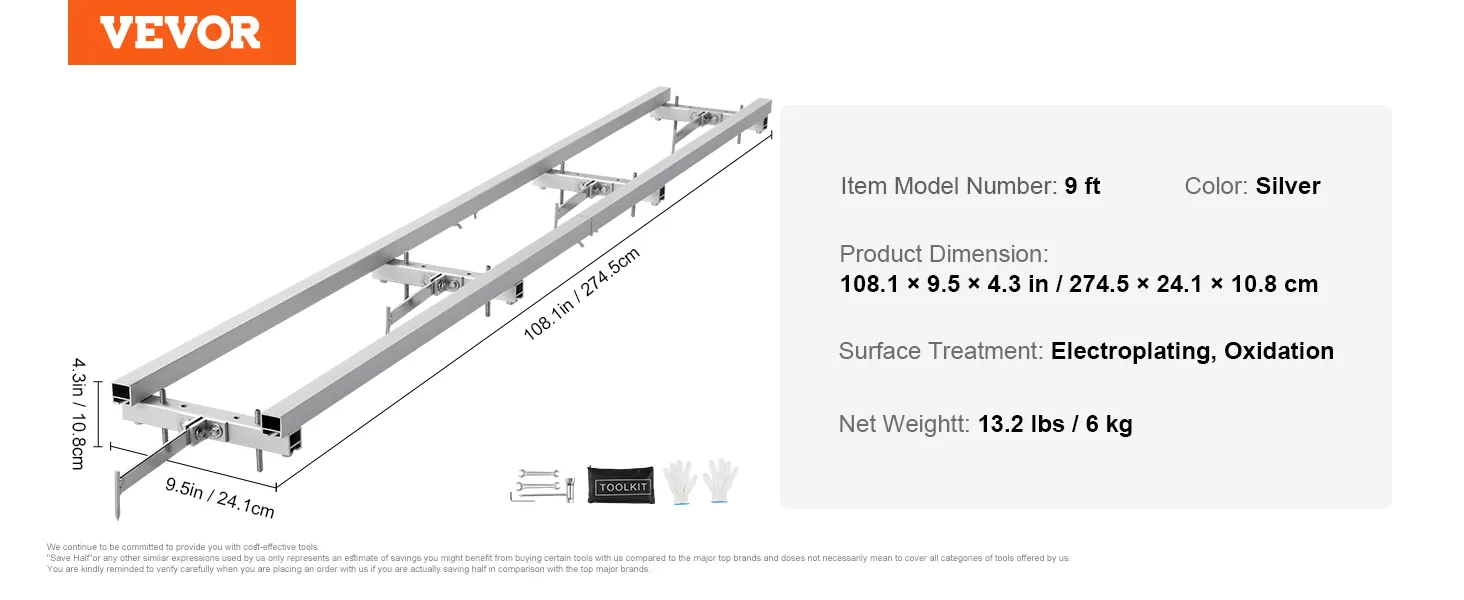 VEVOR rail mill guide system, 9 ft silver, dimensions 108.1" x 9.5" x 4.3", electroplating finish.