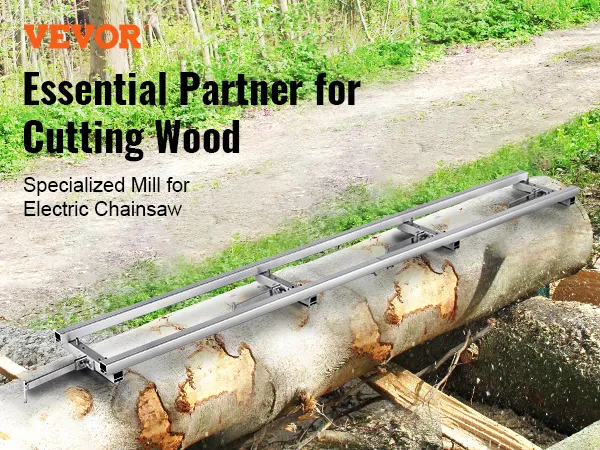 VEVOR rail mill guide system for electric chainsaw shown on large log, easy to install and operate.