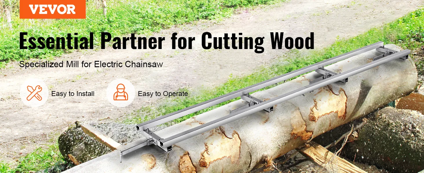 VEVOR rail mill guide system for electric chainsaw shown on large log, easy to install and operate.