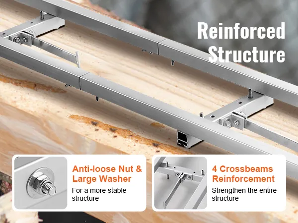 VEVOR rail mill guide system with anti-loose nuts, large washers, and 4 crossbeam reinforcements.