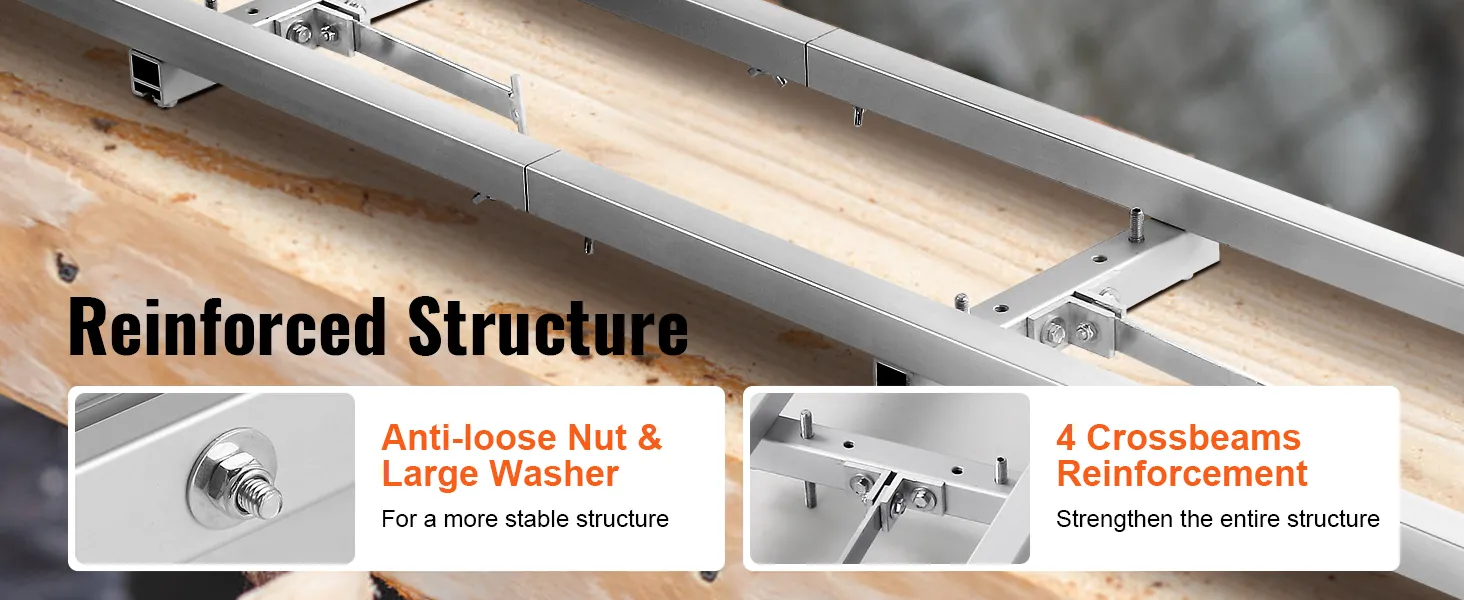 VEVOR rail mill guide system with anti-loose nuts, large washers, and 4 crossbeam reinforcements.