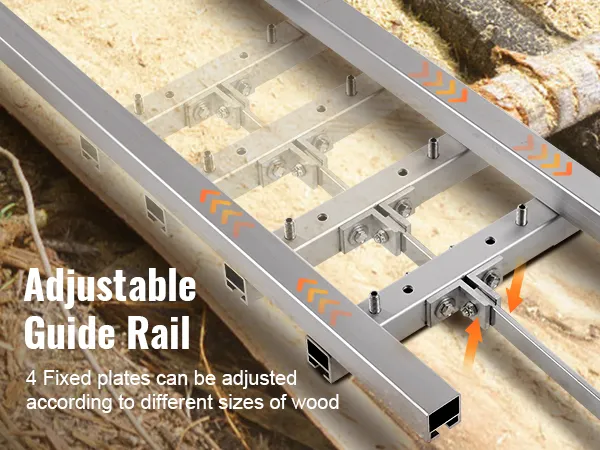 VEVOR rail mill guide system for adjustable wood cutting with 4 fixed plates on a wood log background.